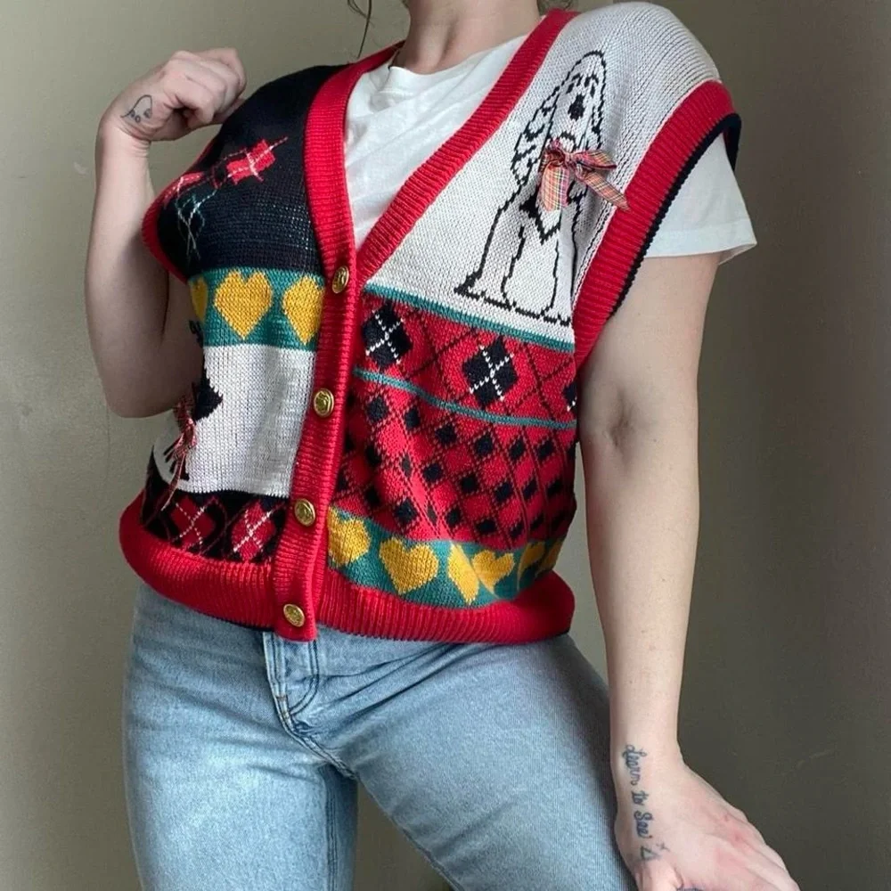 Vintage red argyle puppy dog knit vest